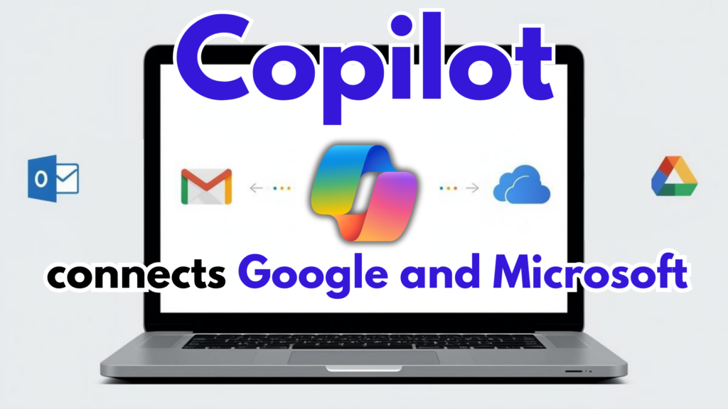 Laptop with “Copilot” bridging Gmail/Google Calendar and Outlook/OneDrive, plus a small lock labeled “Permissions.”. Image text: Copilot Connects Google + Microsoft