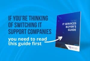 2025 IT Services Buyer’s Digital Guide. Guide cover text: 2025 IT Services Buyer's Guide by Reintivity - serving the Greater Chicago-area. Main image text: if you’re thinking of switching it support companies you need to read this guide first. Arrow point from text to digital guide.