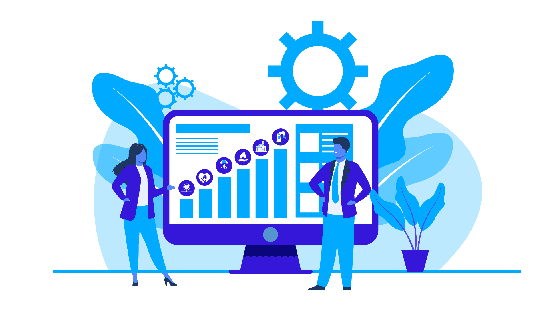 2D illustration of business people looking at chart with icons for healthcare and health related industries