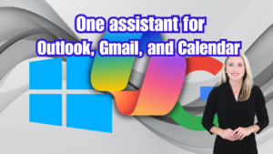 Copilot icon bridging Windows and Google (Gmail and Calendar) with a simple connecting line. Spokeswoman in foreground. Image text: One assistant for Outlook, Gmail, and Calendar