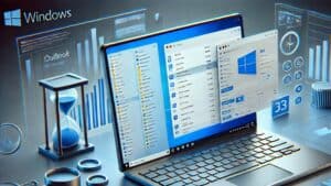 3D-rendered laptop displaying the new Outlook for Windows interface with an email inbox and calendar preview on a sleek, modern workspace