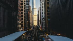 Chicago Cityscape with Train Tracks at Dusk