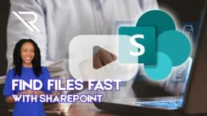 Background image: Businessman working at a laptop and digital documents with check. Spokeswoman in foreground. Image text: Find Files Fast with SharePoint