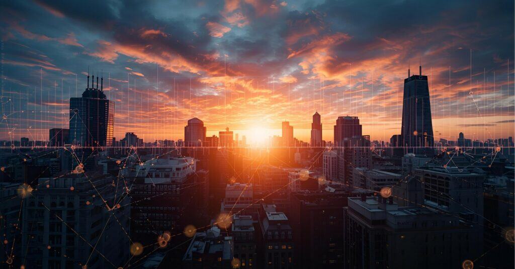From Click to Crisis: A Chicago SMB Cyber Thriller and How to Change the Ending City of Chicago skyline with an overlay of digital grid lines