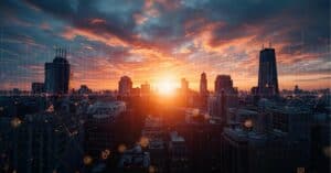 City of Chicago skyline with an overlay of digital grid lines