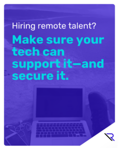 Beach with laptop on blanket laying in the sand. A person's feet/shoes are visible next to the laptop. Image text: Hiring remote? talent Make sure your tech can support it—and secure it.