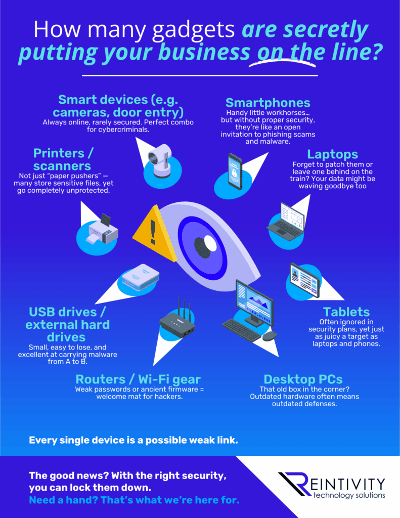 How many gadgets are secretly putting your business on the line - Infographic Infographic explaining the hidden risks, big costs, and smart fixes for data breaches.