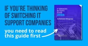 2026 IT Services Buyer’s Guide. Guide cover text: 2026 IT Services Buyer's Guide for the Great Chicago Area by Reintivity. Other image text: if you’re thinking of switching it support companies you need to read this guide first. Arrow point from text to the guide cover.