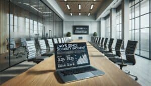 Modern conference room with focus on laptop placed on the table. The laptop screen displays text that reads 'Days since last security incident'