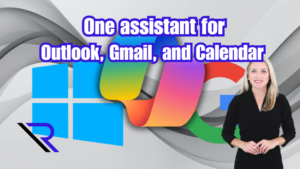 Copilot icon bridging Windows and Google (Gmail and Calendar) with a simple connecting line. Spokeswoman in foreground. Image text: One assistant for Outlook, Gmail, and Calendar