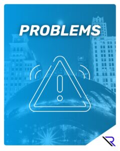 Cloud Gate in Front of High-rise Tower Buildings. Caution sign icon. Image Text: Problems
