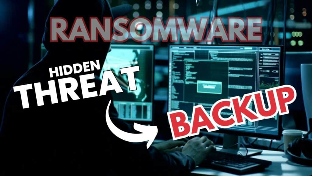 Hacker Infect Servers and Infrastructure in background. Image text: Ransomware Hidden Threat Backup