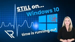 Female spokesperson. Windows 10 icon. Image text: STILL on Windows 10? time is running out