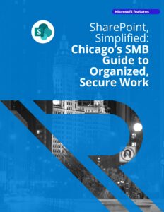 Chicago buildings at night. Sharepoint icon in foreground. Image text: SharePoint Simplified: Chicago SMB Guide to Organized Secure Work