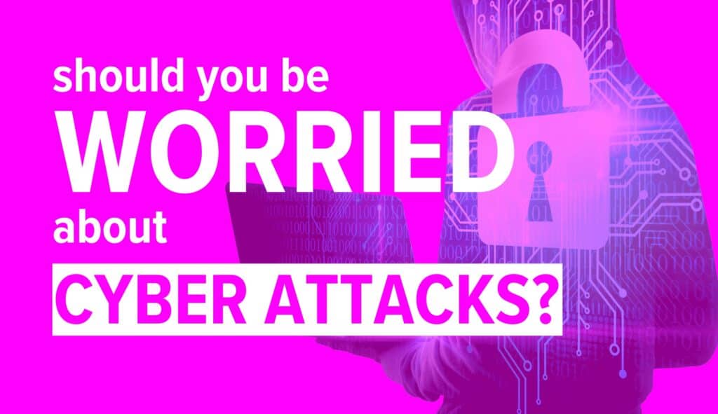 Silhouette of person holding laptop in background with Lock icon overlaying it. Image Text: Should You Be Worried About Cyber Attacks?