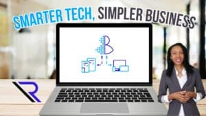 Woman standing and smiling in foreground. Laptop on desk in office displaying digital icons. Image text: Smarter Tech, Simpler Business