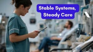 A nurse or technician checking a tablet or laptop near a row of dialysis chairs, with a patient in the background, monitors softly glowing