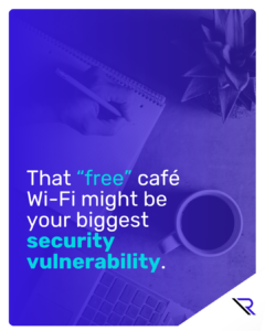 That free café Wi-Fi might be your biggest security vulnerability Desk with writing pad, coffee and a calculator. Hand is visible writing on paper. Image text: That free café Wi-Fi might be your biggest security vulnerability