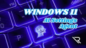 AI Artificial intelligence innovation internet computer technology. Image text: Windows 11: AI Settings Agent.