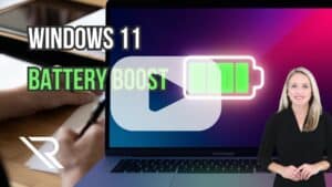 Laptop screen displaying full battery. Spokeswoman in foreground. Image text: Windows 11, Battery Boost