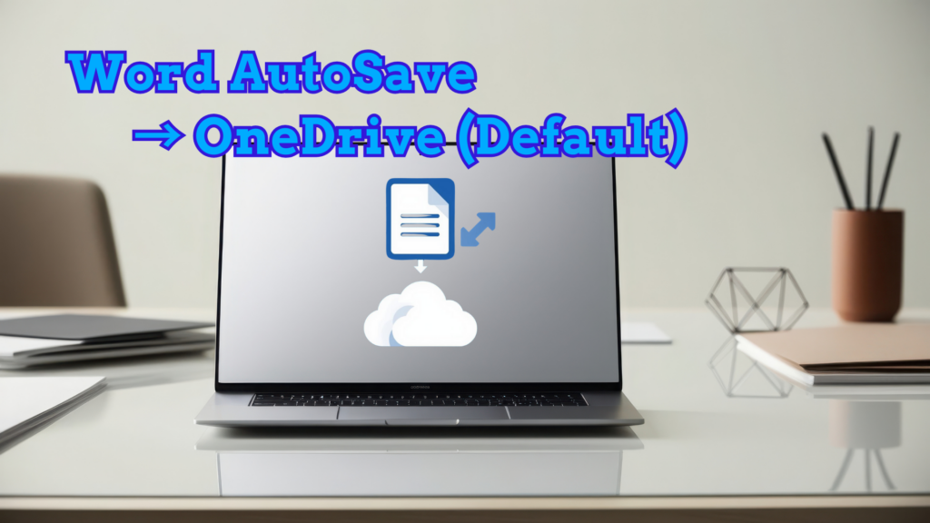 Modern Laptop Computer on a Clean Desk displaying Word document icon being “saved” into a cloud