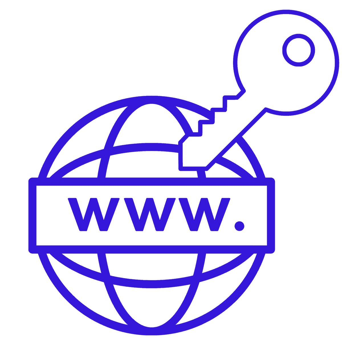 Blue globe with ‘WWW.’ across it and a key above, on a black background.
