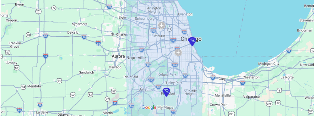 Broad regional map centered on Chicago with the shaded Reintivity service area. Two “R” pins identify office locations (Chicago and near Frankfort), while two airplane icons identify the major Chicagoland airports (O’Hare and Midway).