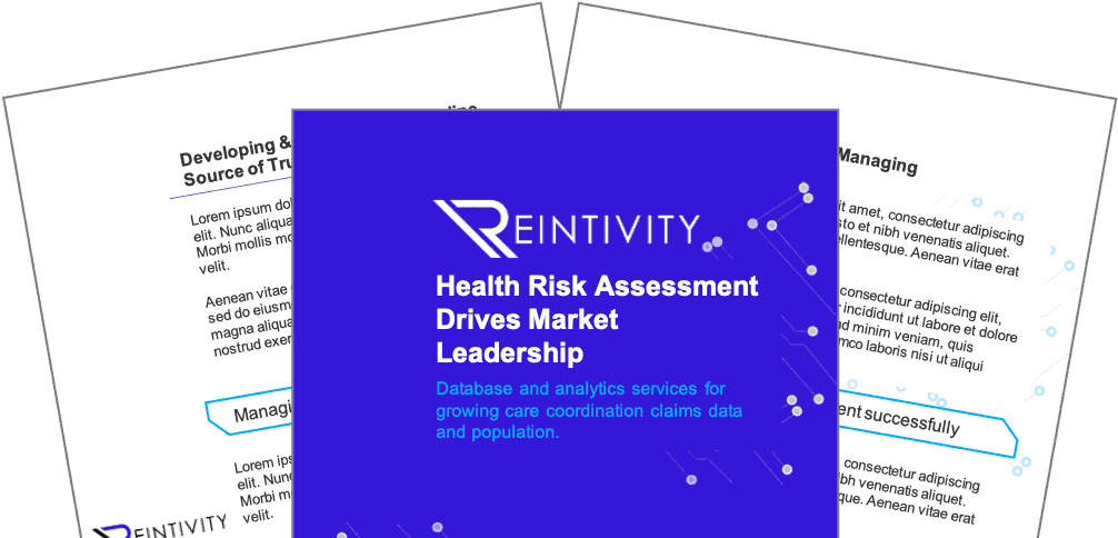 One blue paper document in front of two white documents. The blue paper document says ‘Health Risk Assessment Drives Market Leadership’.