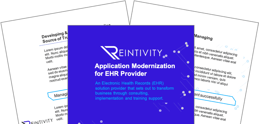 One blue paper document in front of two white documents. The blue paper document says ‘Application Modernization for EHR Provider’.